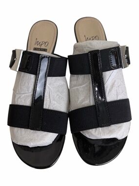 Impo Black Patent Slide Sandals with Silver Buckle